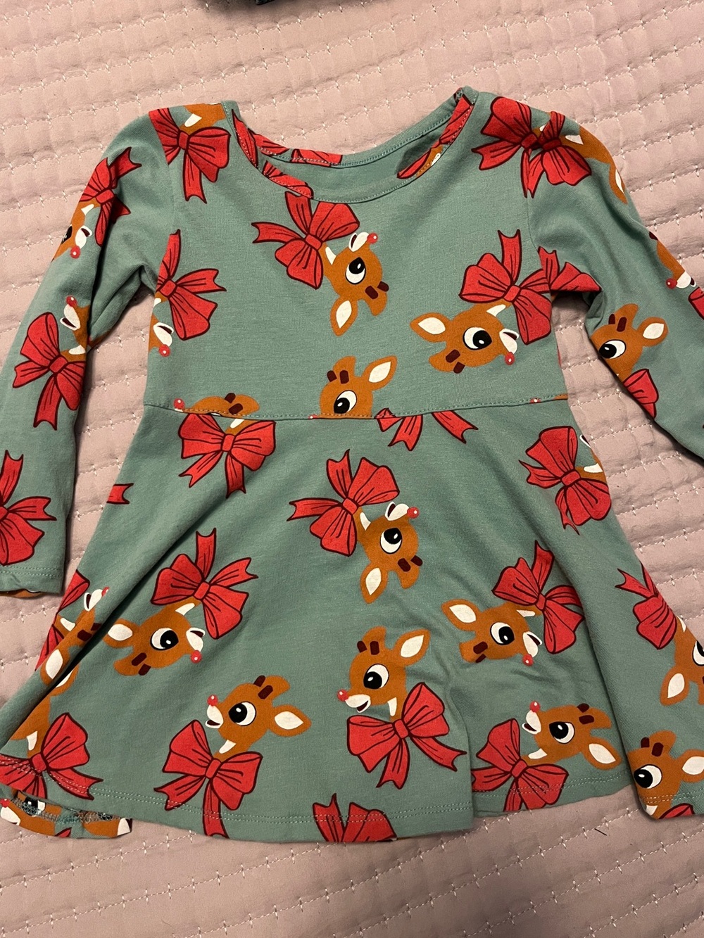 Girls Green Rudolph Long-Sleeve Dress